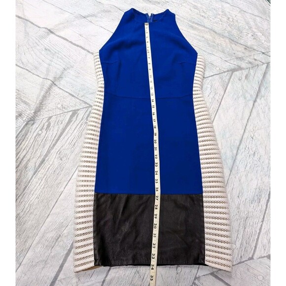 Carmen Marc Valvo Couture Size 6 Blue Colorblock Bodycon Dress Silk Wool Leather - Picture 6 of 9